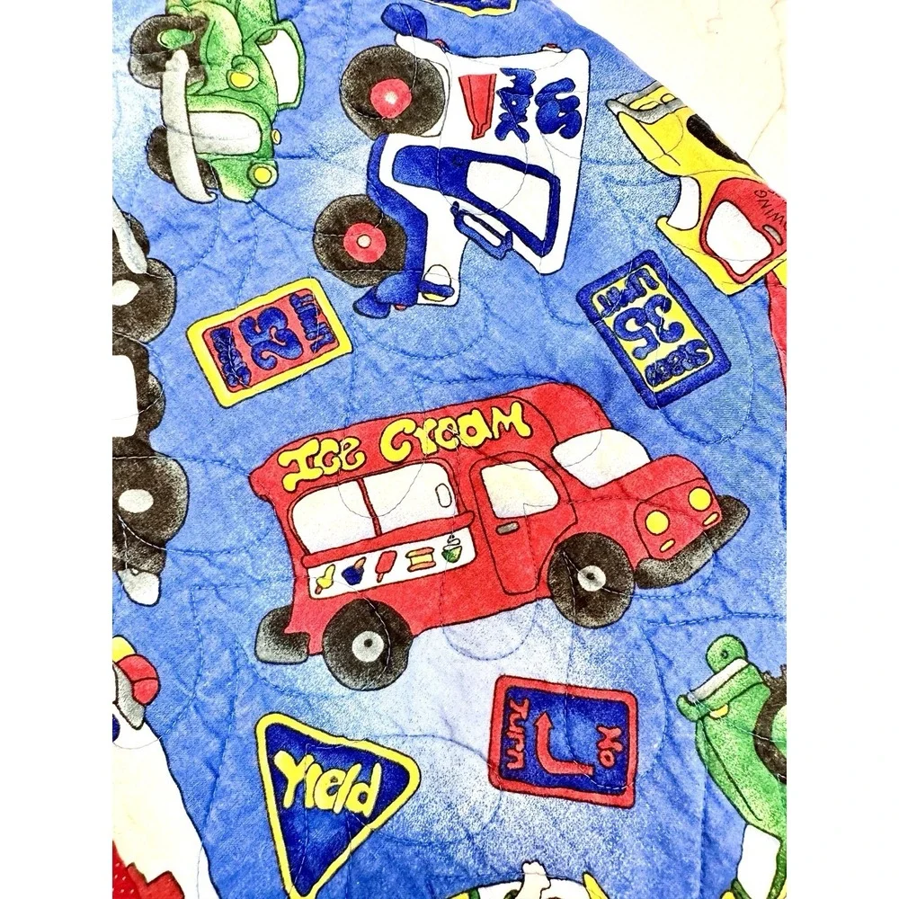 Vintage Quilted Baby Blanket Transportation School Bus Road‎ Signs 28x40 Blue